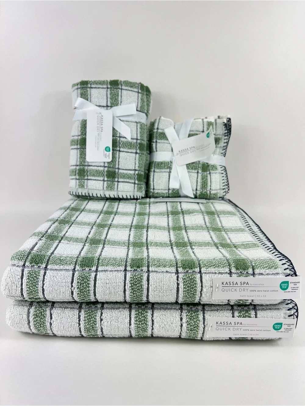 Kassa Spa Kassatex Bath Towel Set Green White Black Stripe Soft Cotton 8 Pc NEW
